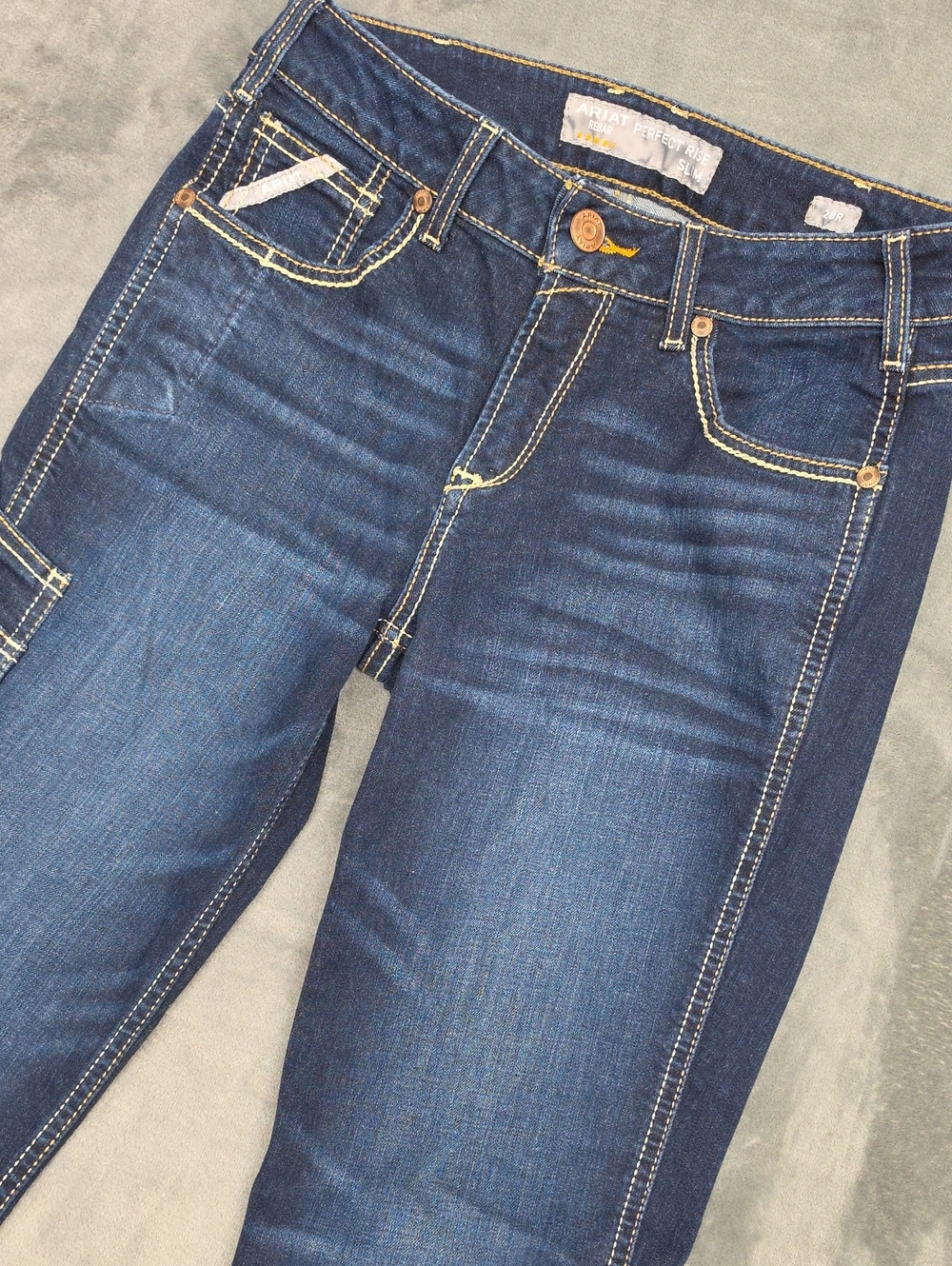 Ariat 28 X 32 Dark Indigo Rebar Slim Straight-Leg Jeans Yellow Contrast